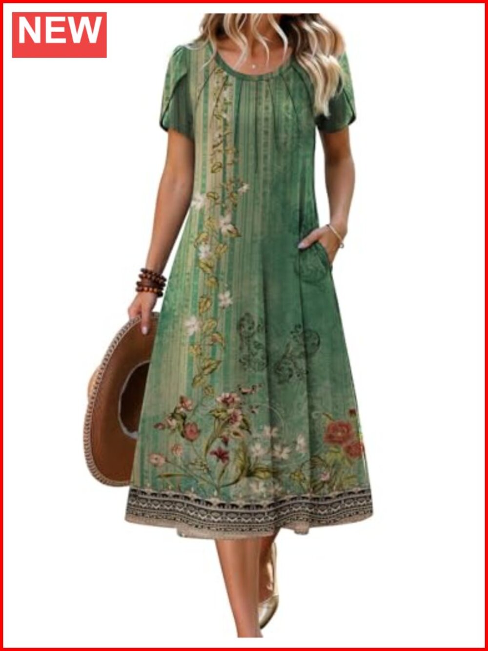 Women's Casual Midi A-Line Pleated Dress Petal Short Sleeve Flowy Sundress